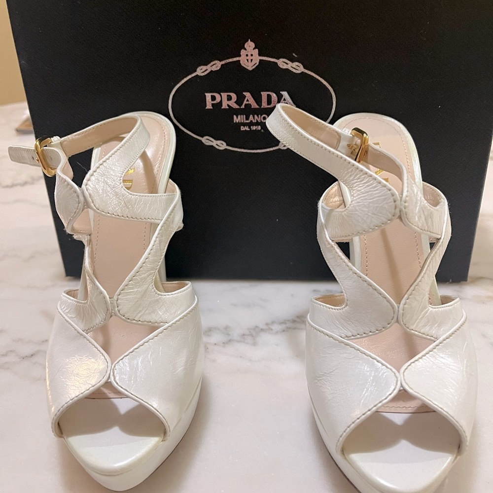 Prada platform sandals with gold hardware Color White Size 37  Heel height 4.5”